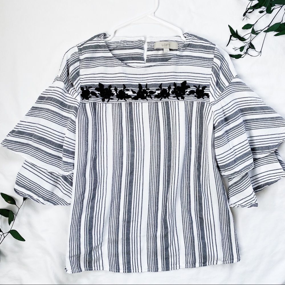 LOFT White Gray Stripe Blouse Ruffle Bell Sleeve Black Floral Decal Embroidery